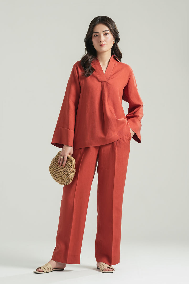 Terracota Linen V- Neck Co-ord Set