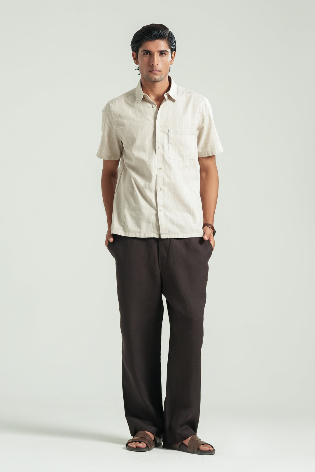 Beige Striped Short Sleeves Shirt