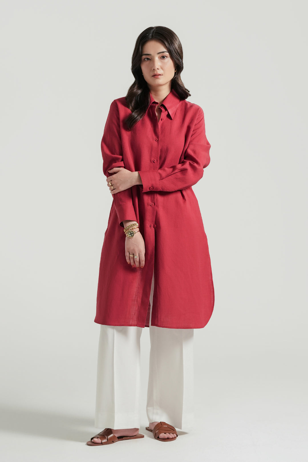 Red Linen Knee Length Shirt