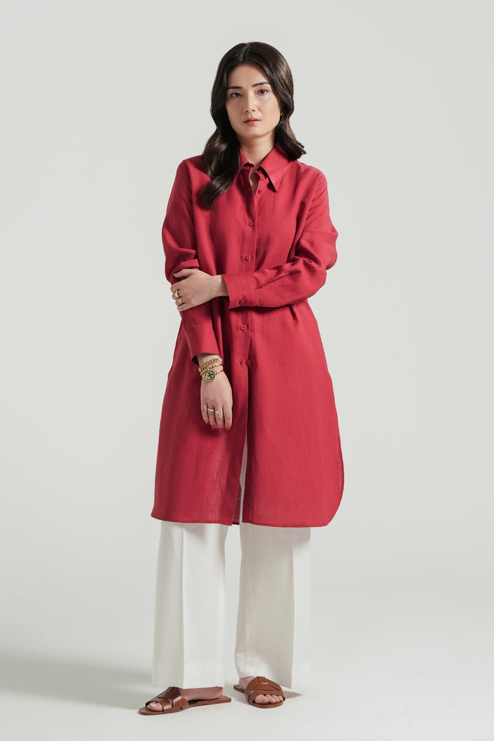 Red Linen Knee Length Shirt