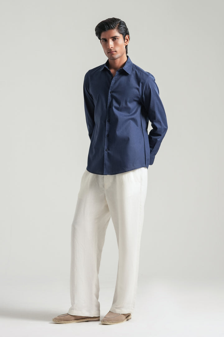 Navy Blue Linen Blend Shirt
