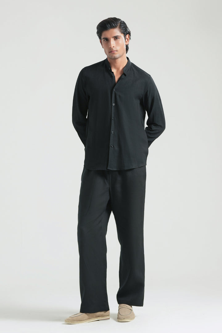 Black Mao Collar Linen Shirt