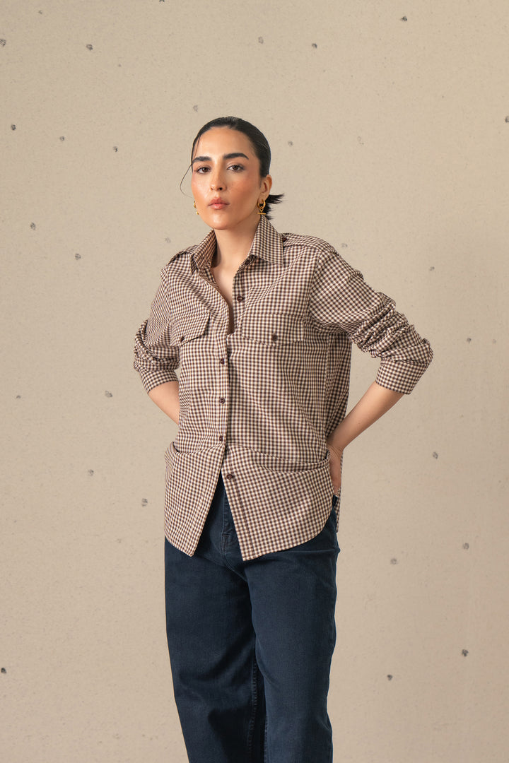 Brown Check Shirt With Shoulder Tab