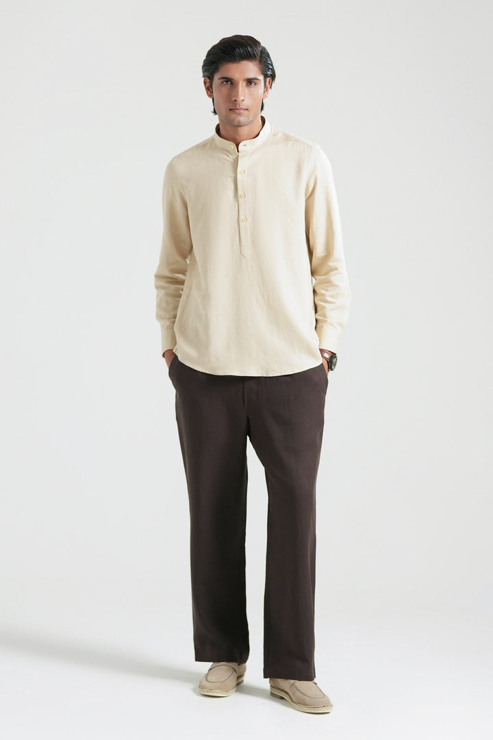 Beige Mao Collar Linen Shirt