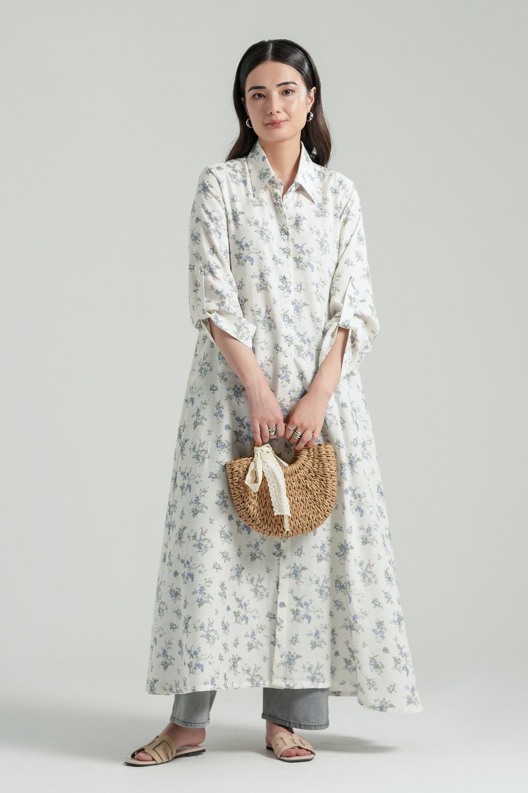 Printed Off-White Long Dress