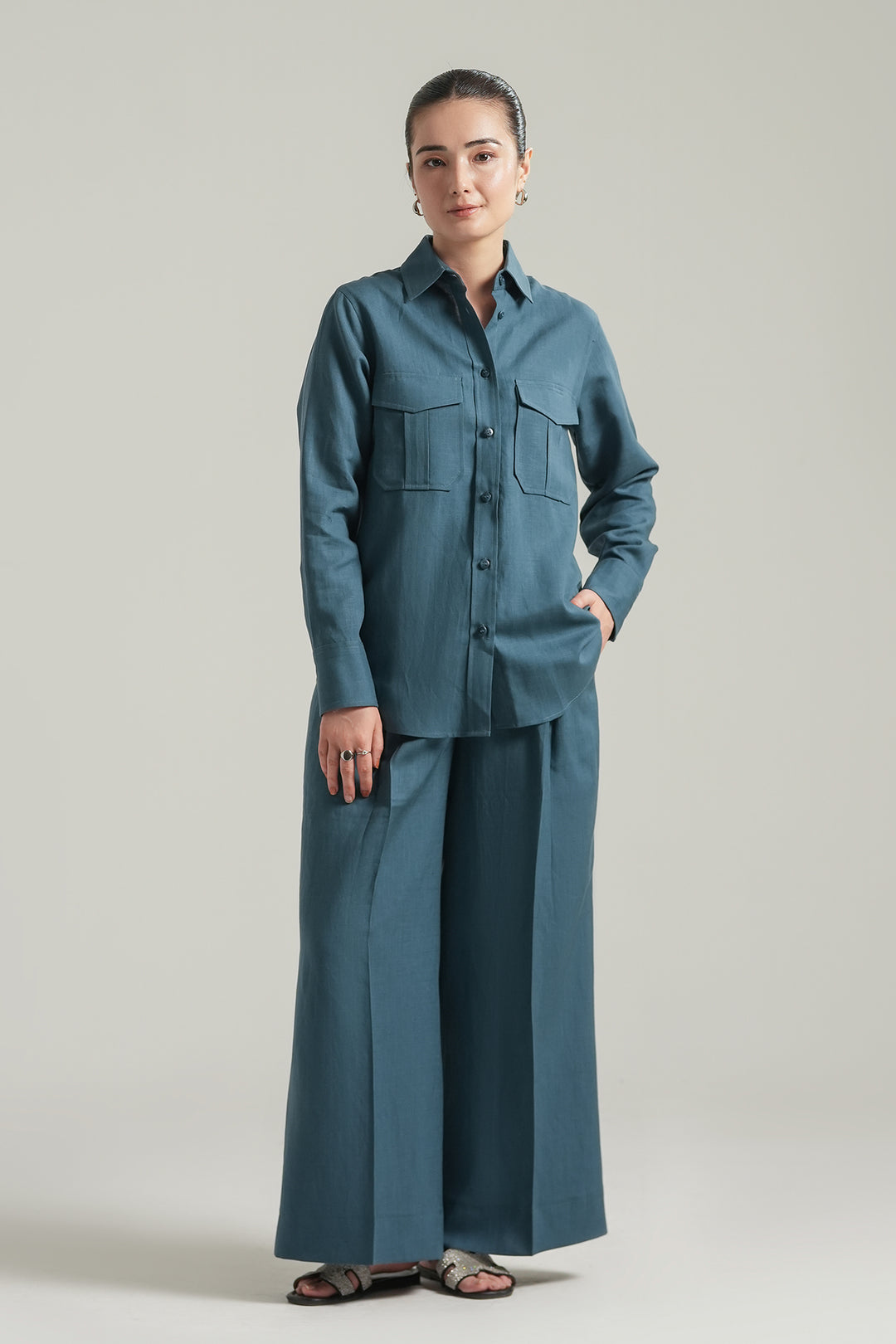 Blue Teal Linen Co-Ord Set