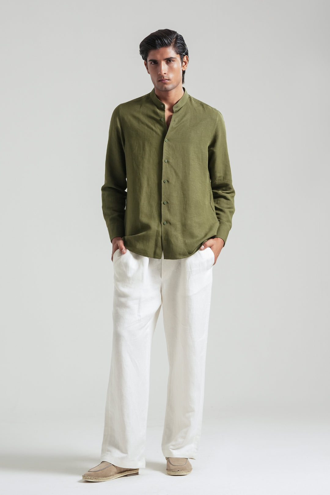 Olive Mao Collar Linen Shirt
