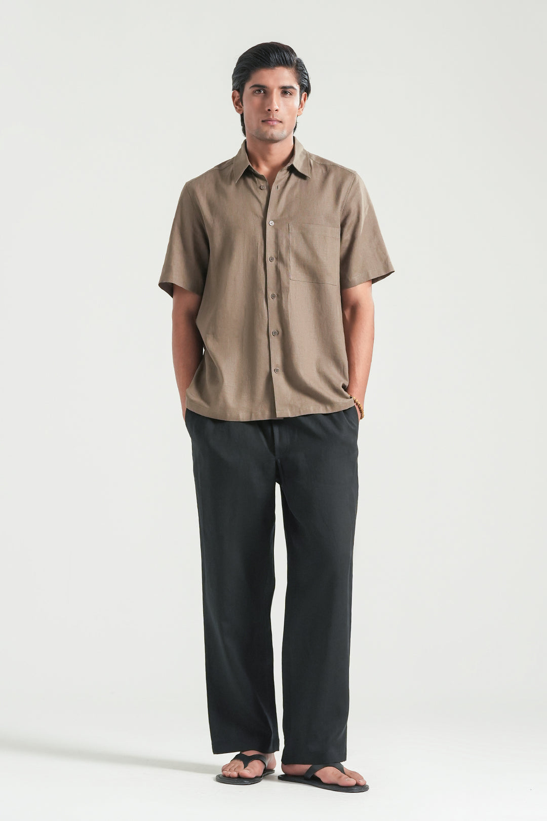 Brown Short Sleeves Linen Shirt