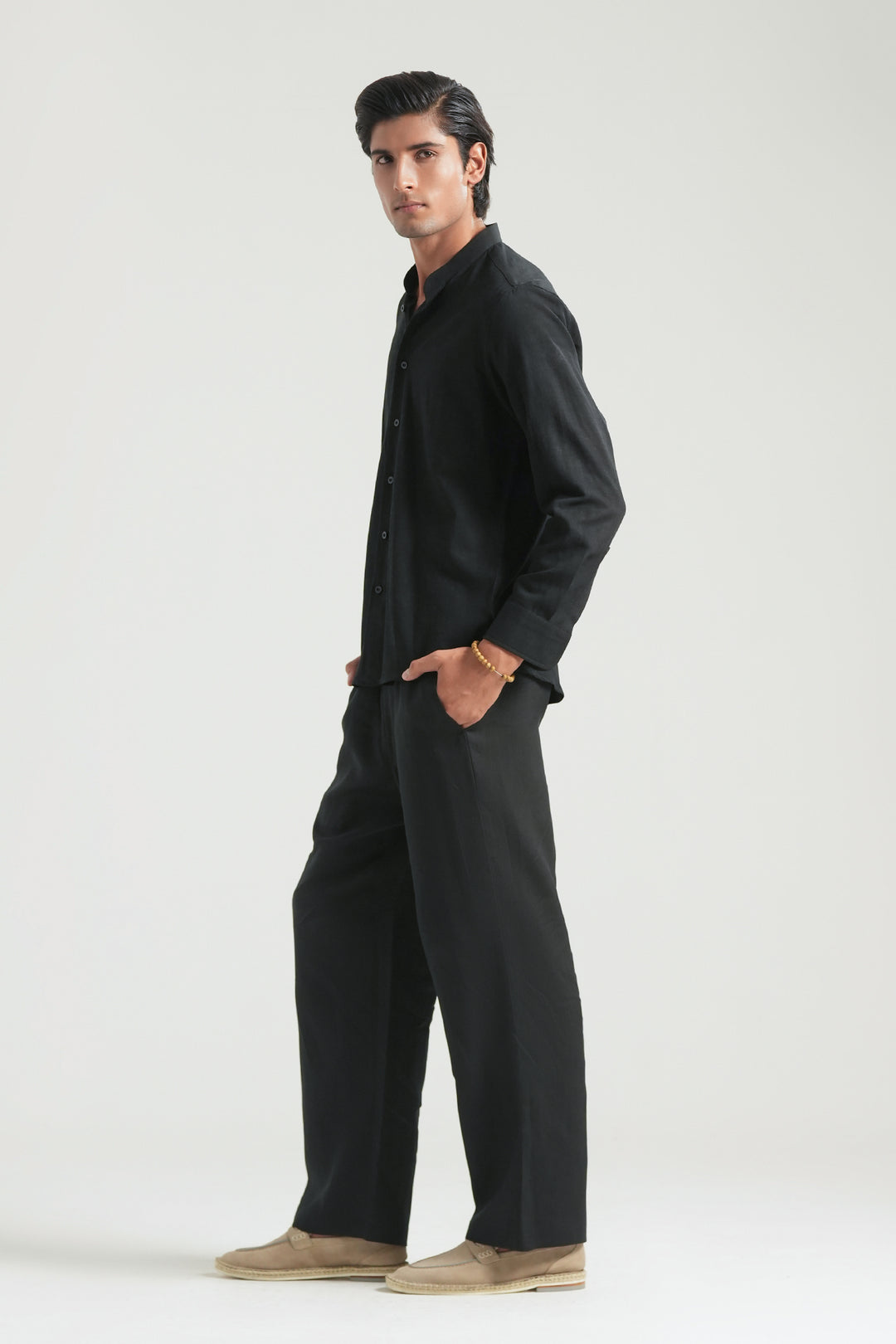 Black Mao Collar Linen Shirt