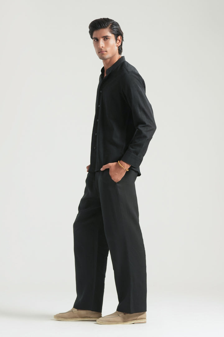 Black Mao Collar Linen Shirt