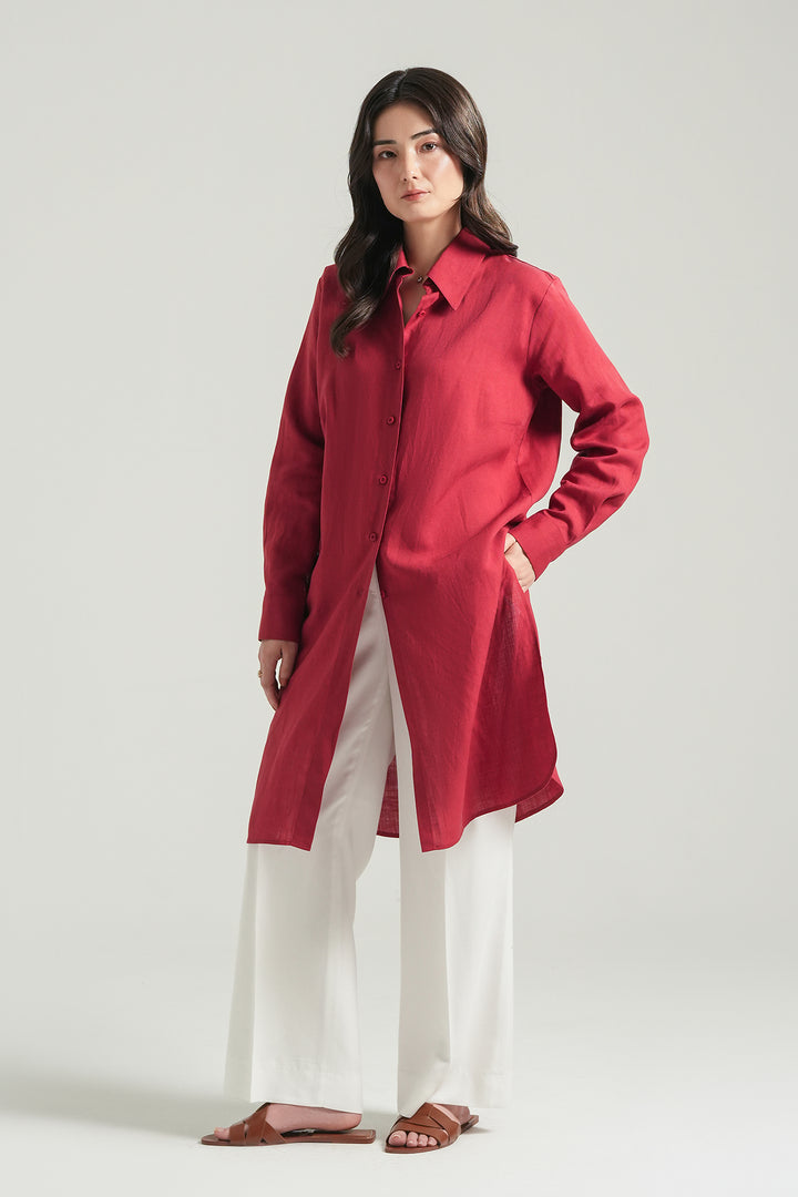 Red Linen Knee Length Shirt