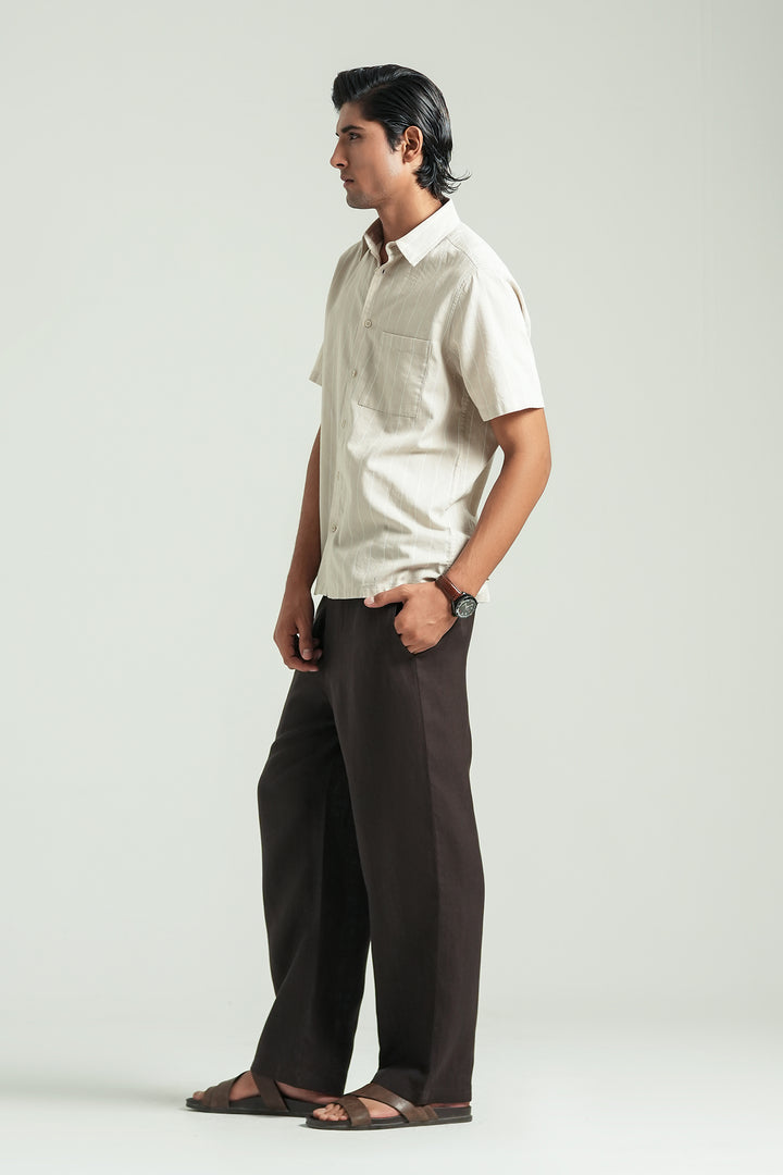 Beige Striped Short Sleeves Shirt