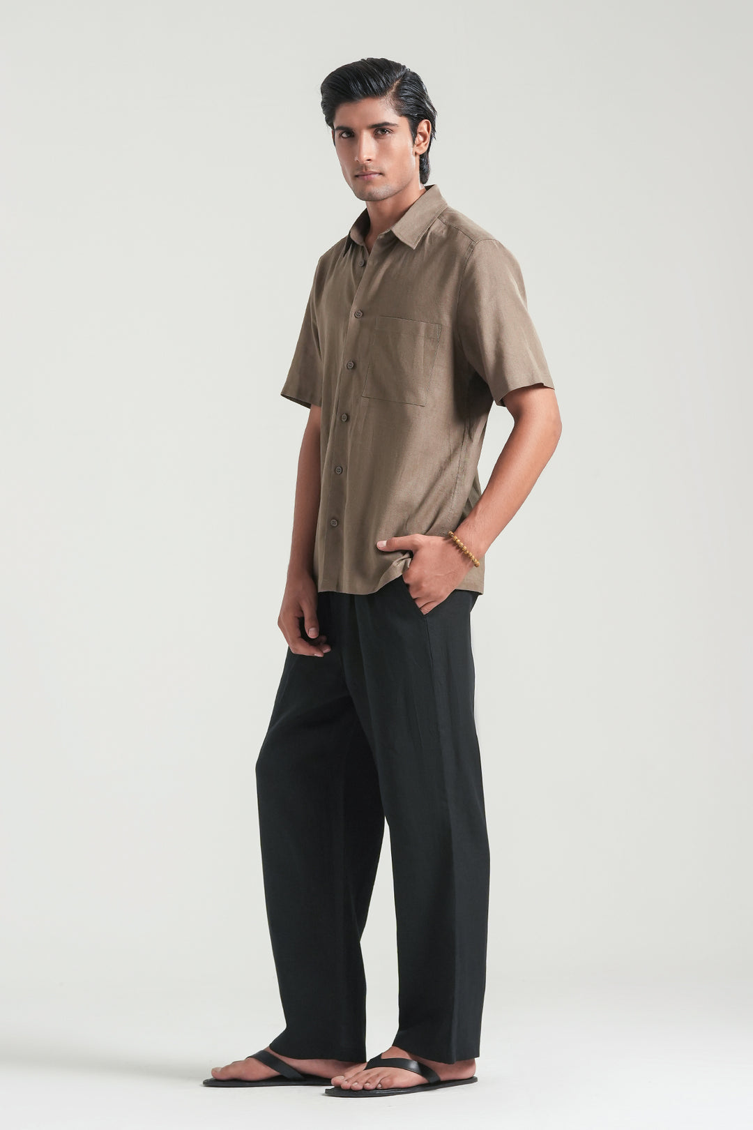 Brown Short Sleeves Linen Shirt