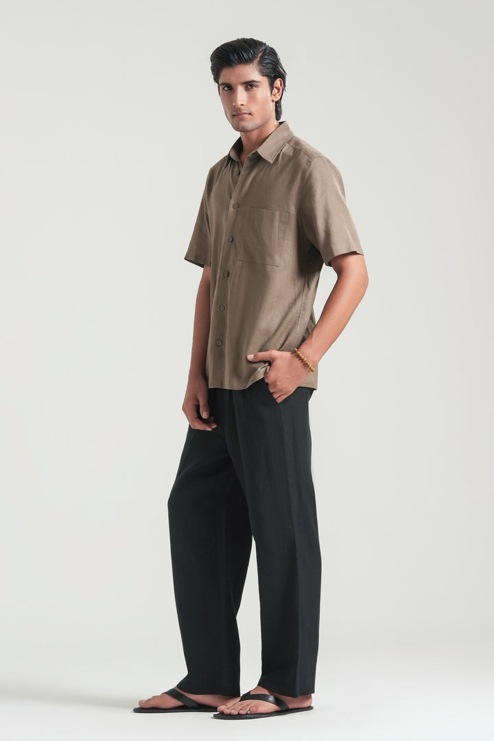 Brown Short Sleeves Linen Shirt