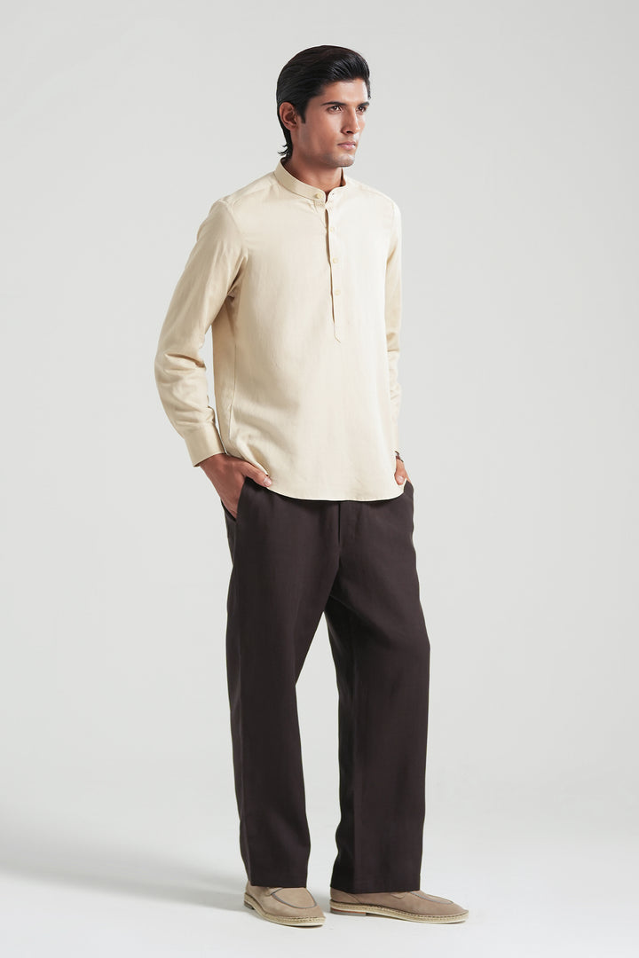 Beige Mao Collar Linen Shirt