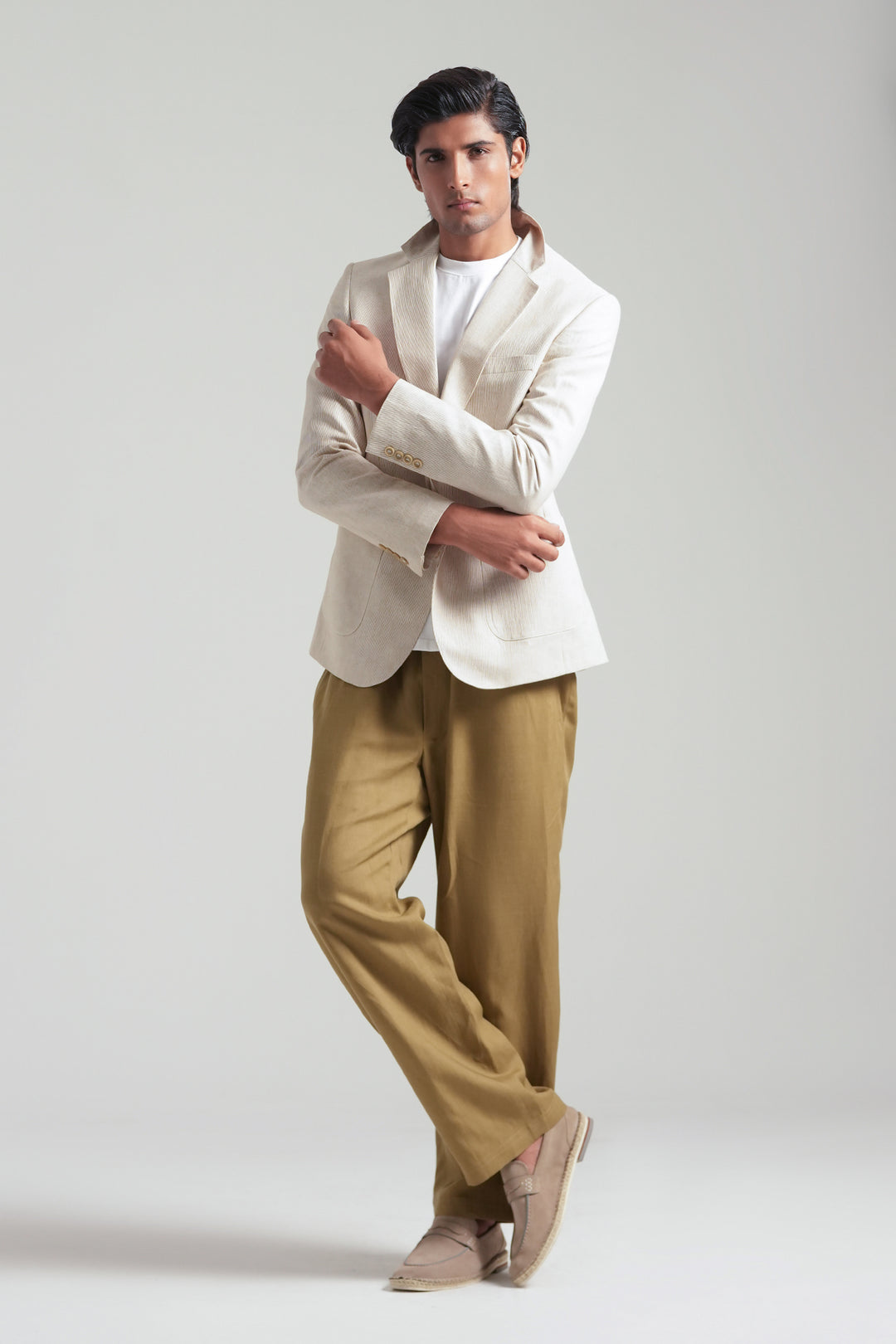 Beige Striped Linen Blazer