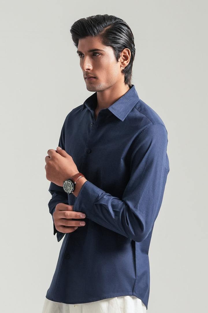 Navy Blue Linen Blend Shirt
