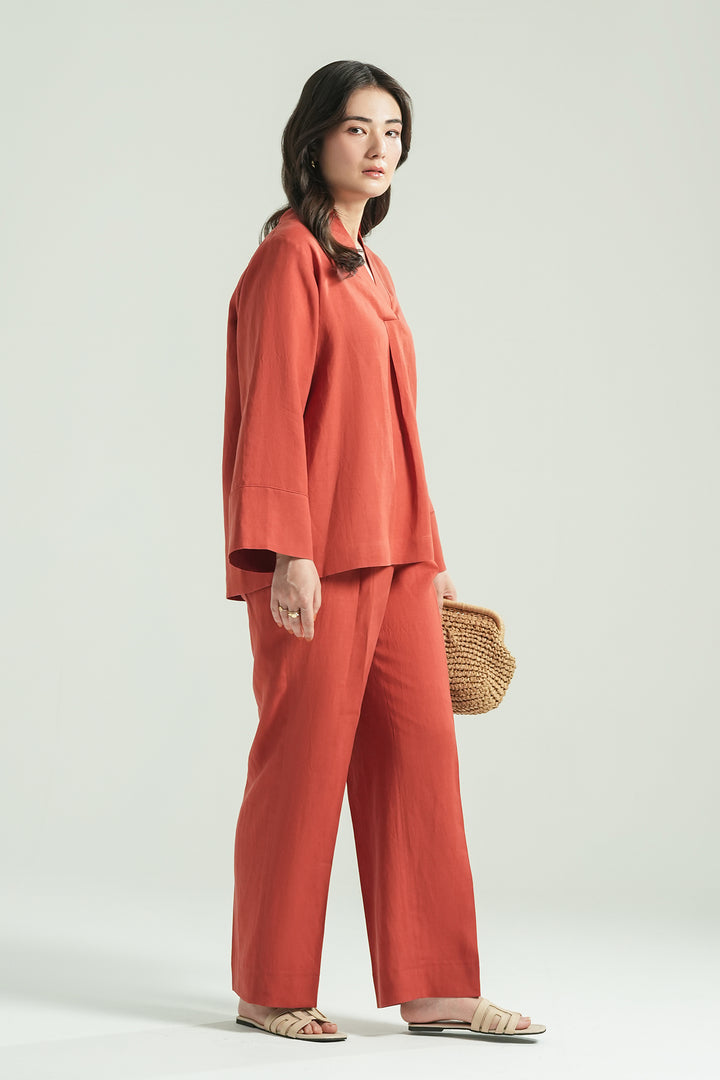 Terracota Linen V- Neck Co-ord Set