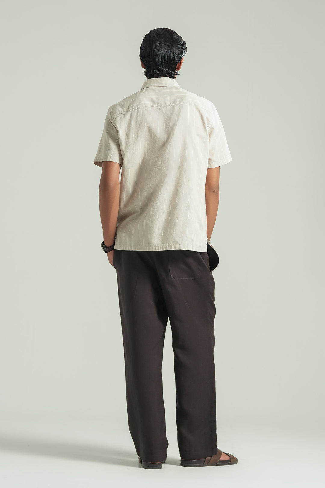 Beige Striped Short Sleeves Shirt