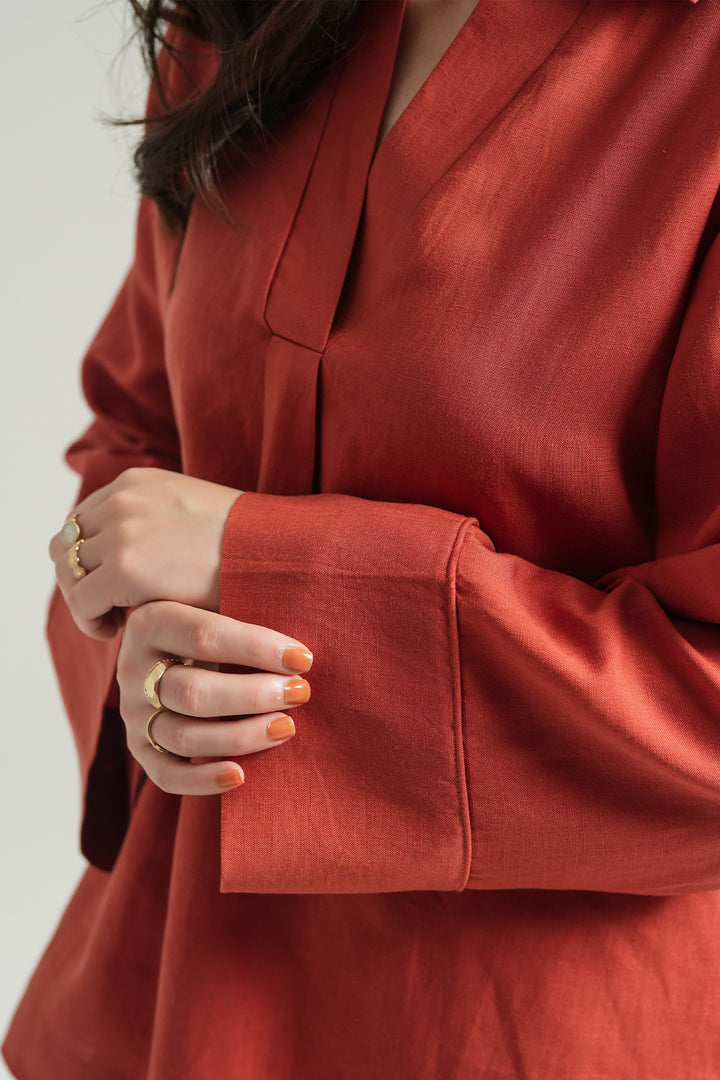 Terracota Linen V- Neck Co-ord Set