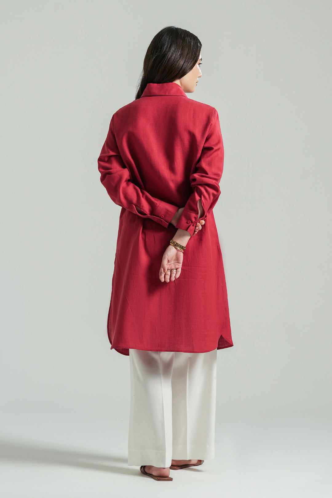 Red Linen Knee Length Shirt