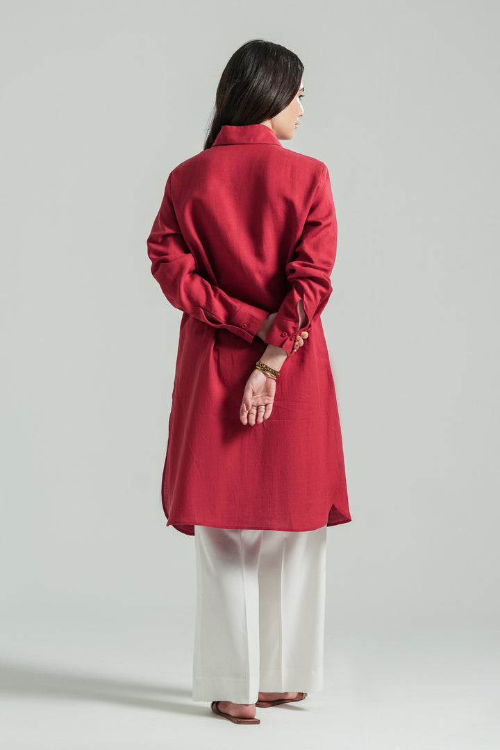 Red Linen Knee Length Shirt
