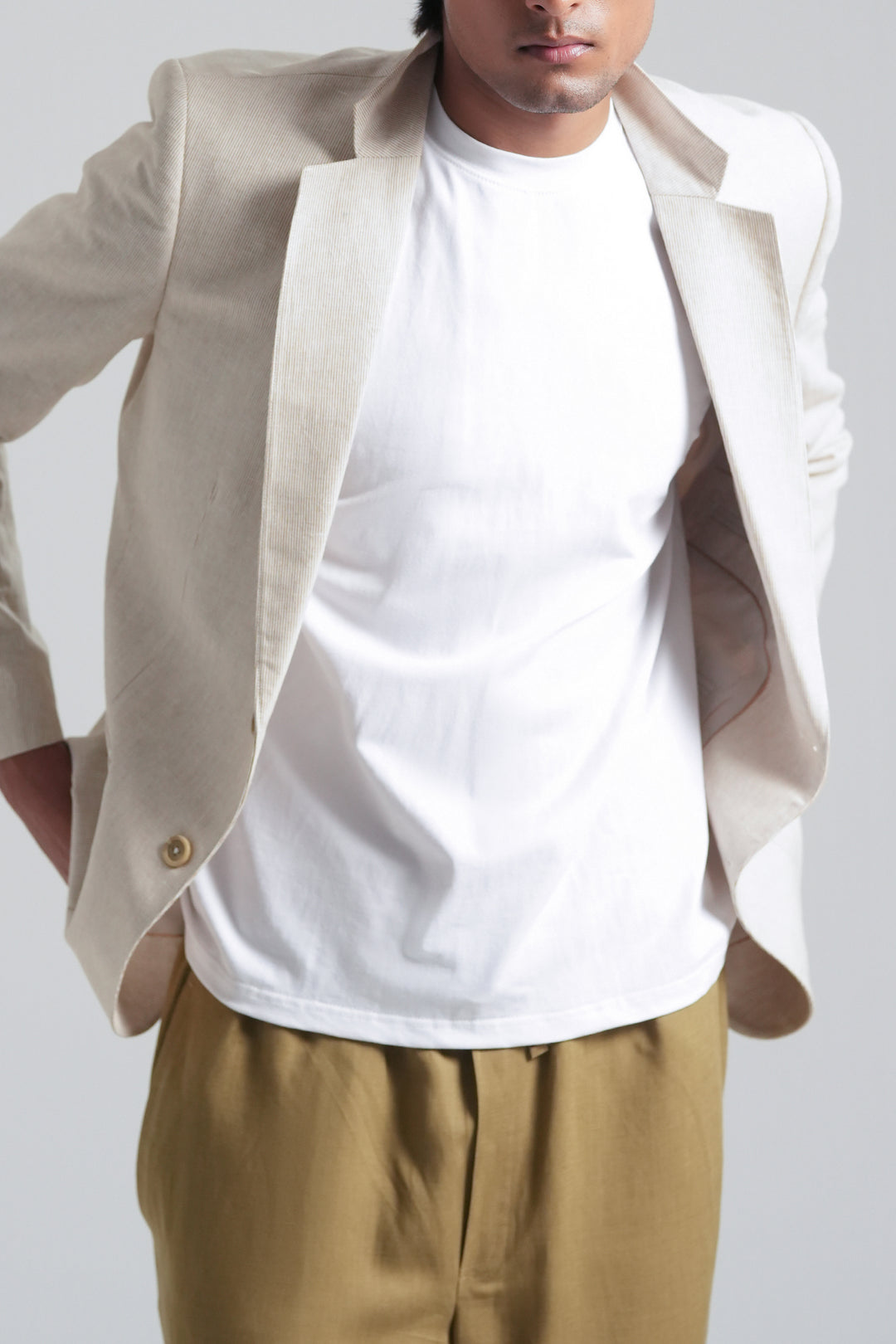 Beige Striped Linen Blazer