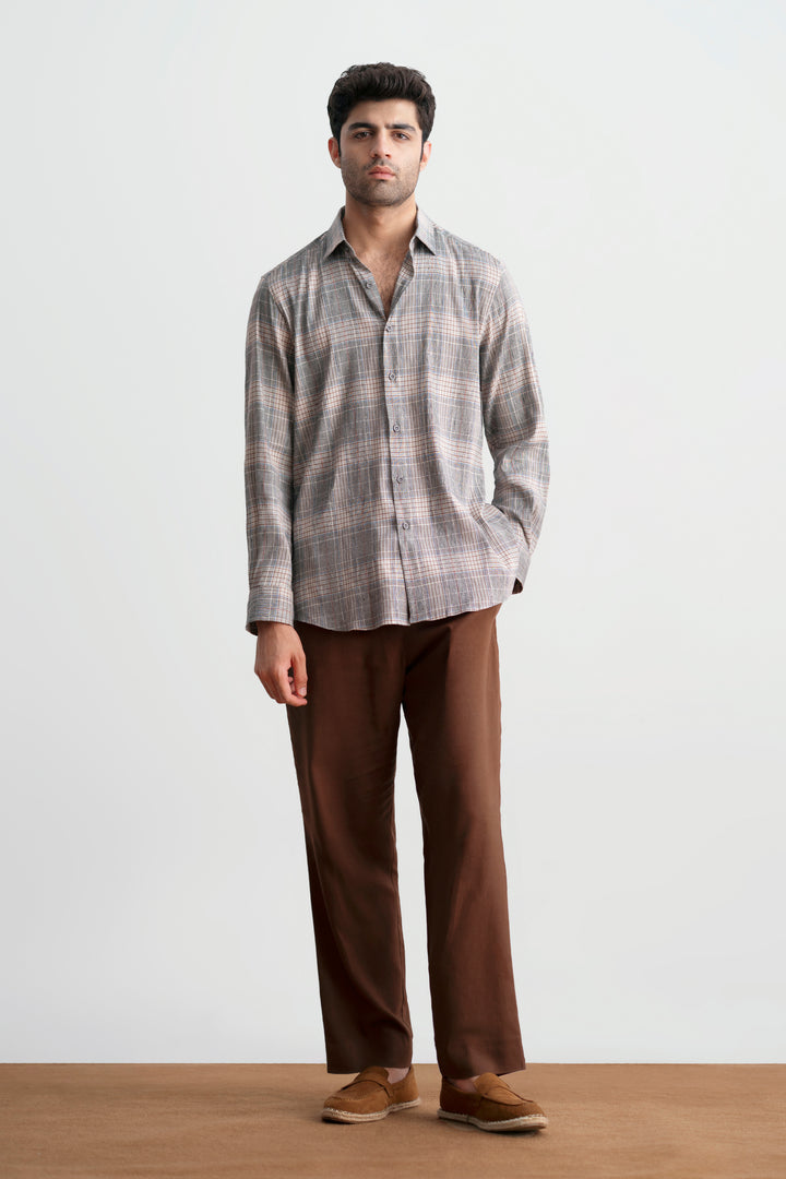 Brown Chequered Linen Shirt