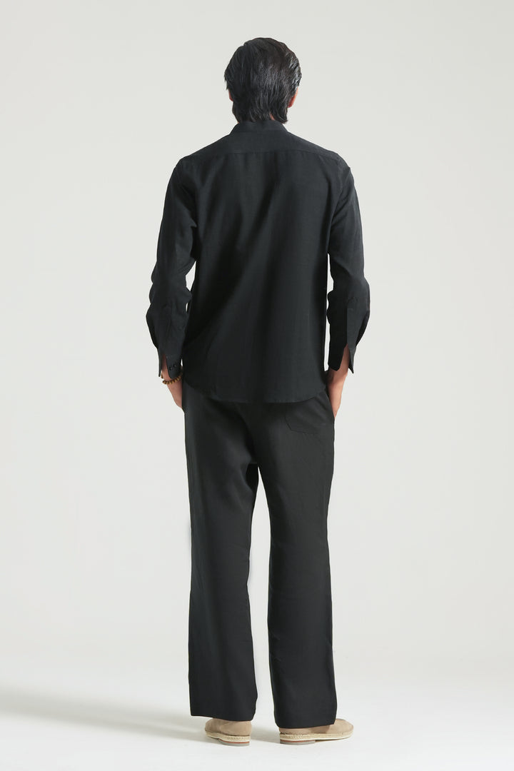 Black Mao Collar Linen Shirt