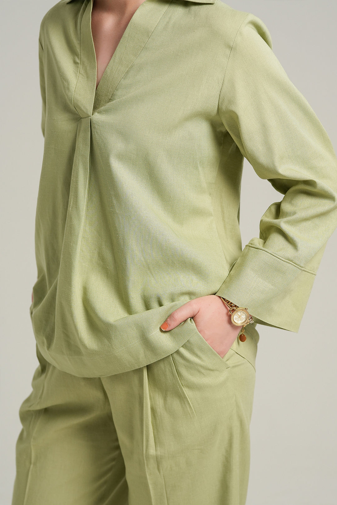 Matcha Linen V-Neck Co-ord set