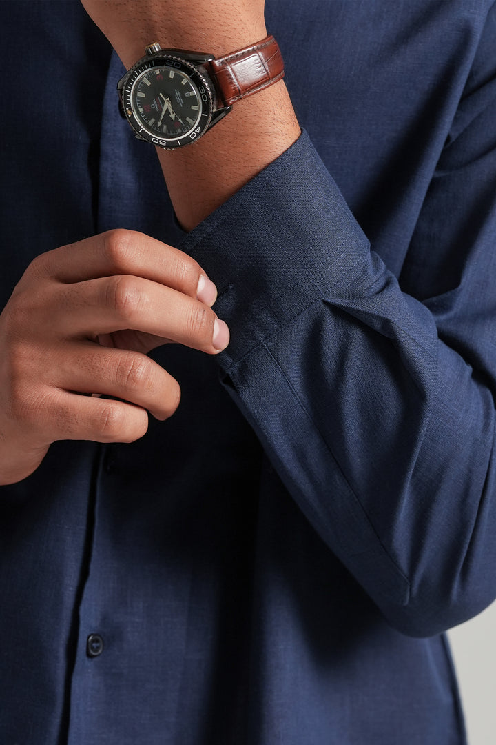Navy Blue Linen Blend Shirt