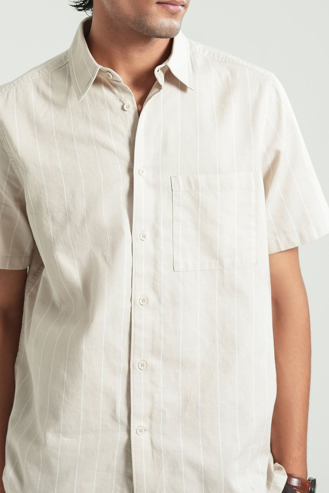 Beige Striped Short Sleeves Shirt