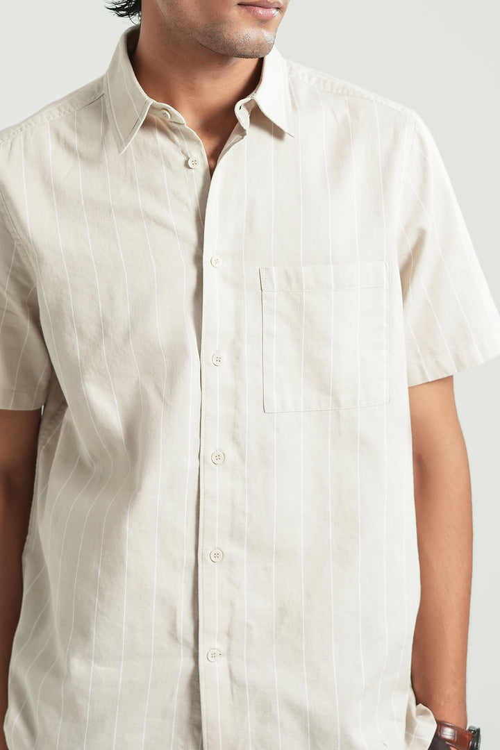 Beige Striped Short Sleeves Shirt