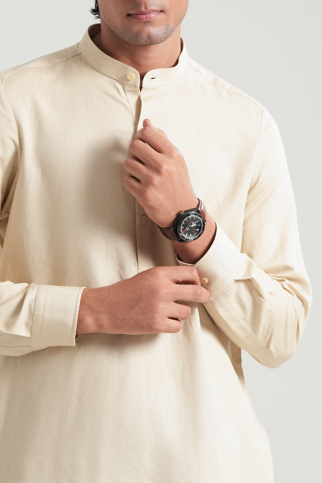 Beige Mao Collar Linen Shirt