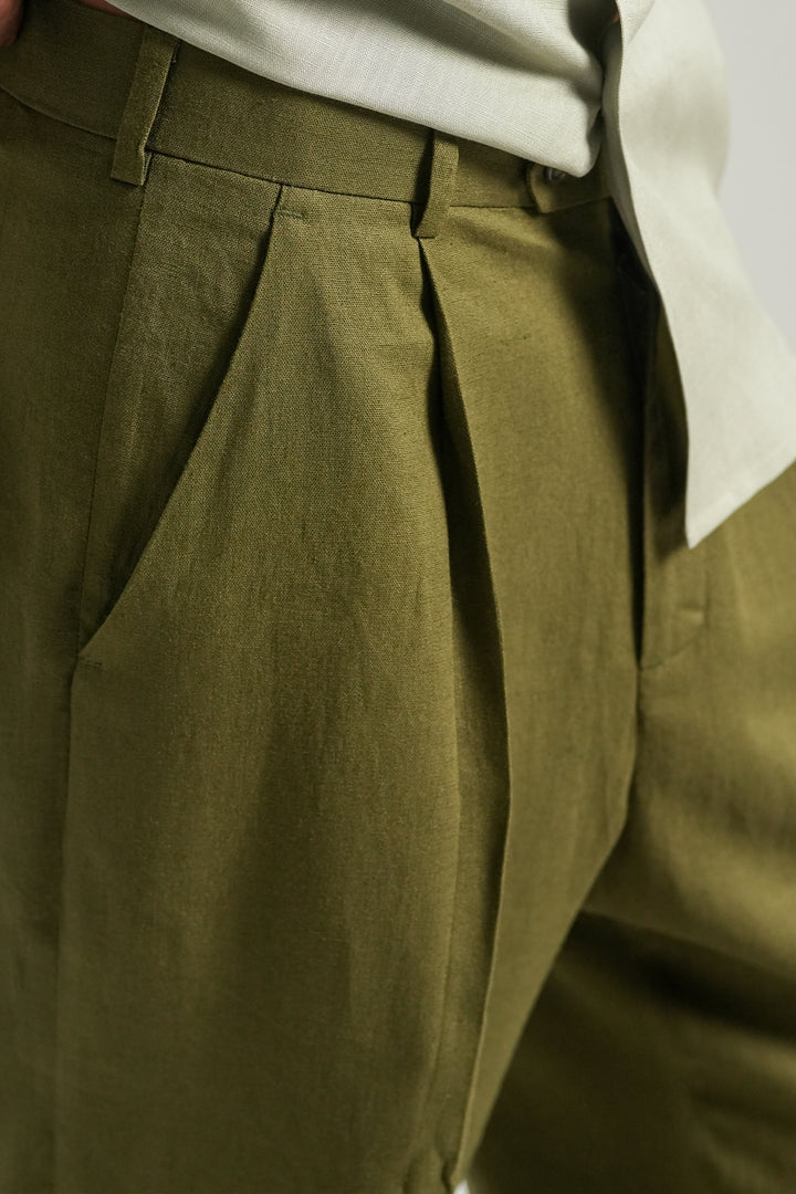 Olive Linen Straight Fit  Trouser