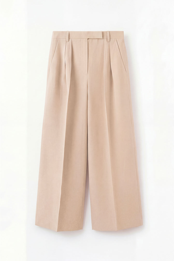 Beige Textured Wide Leg Trouser