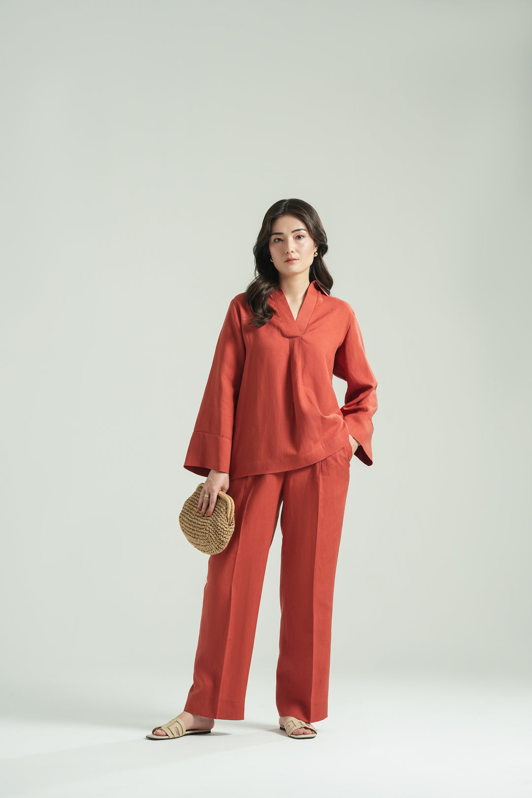 Terracota Linen V- Neck Co-ord Set