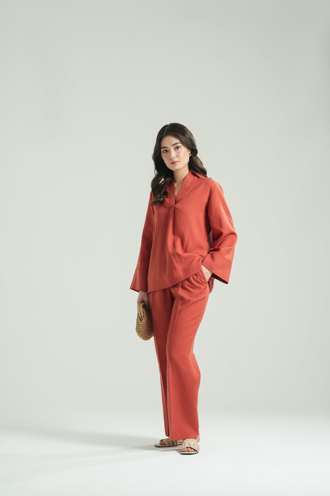 Terracota Linen V- Neck Co-ord Set