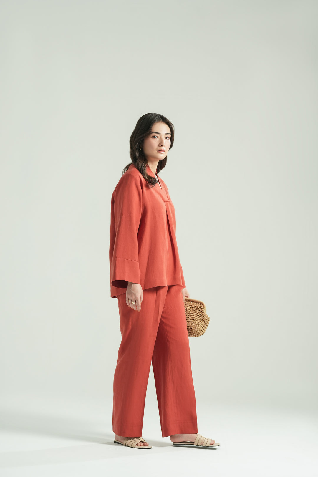Terracota Linen V- Neck Co-ord Set