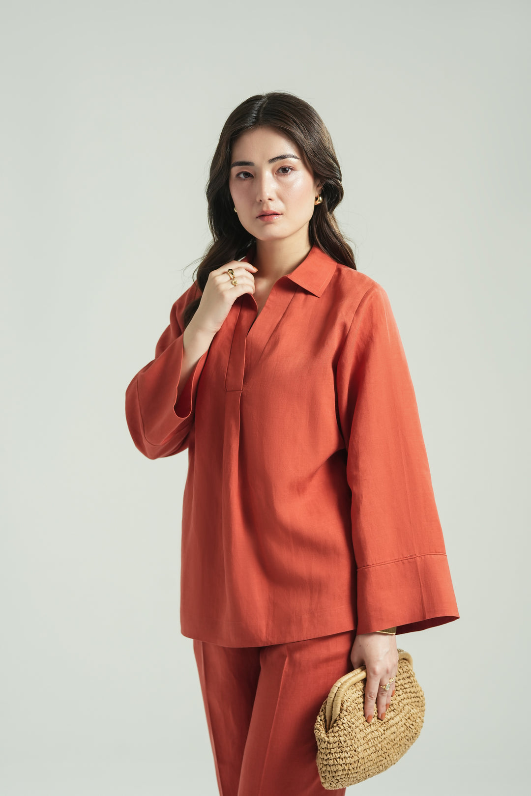 Terracota Linen V- Neck Co-ord Set
