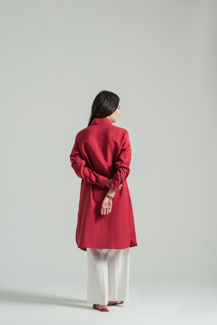 Red Linen Knee Lenth Shirt