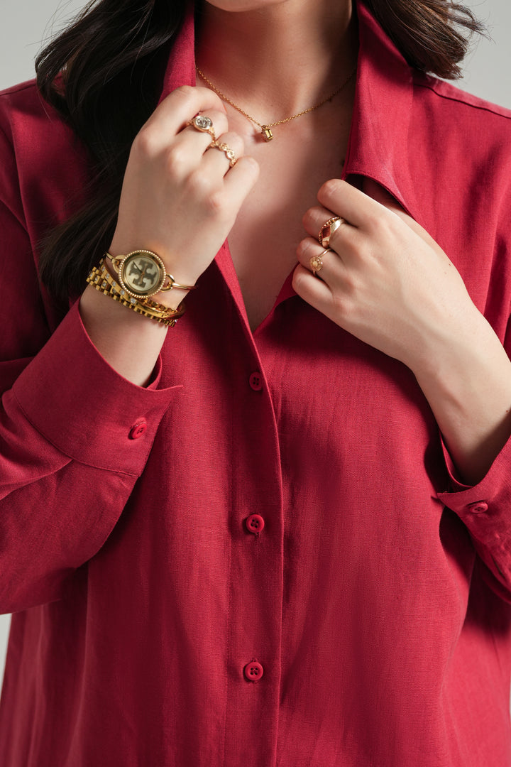 Red Linen Knee Lenth Shirt