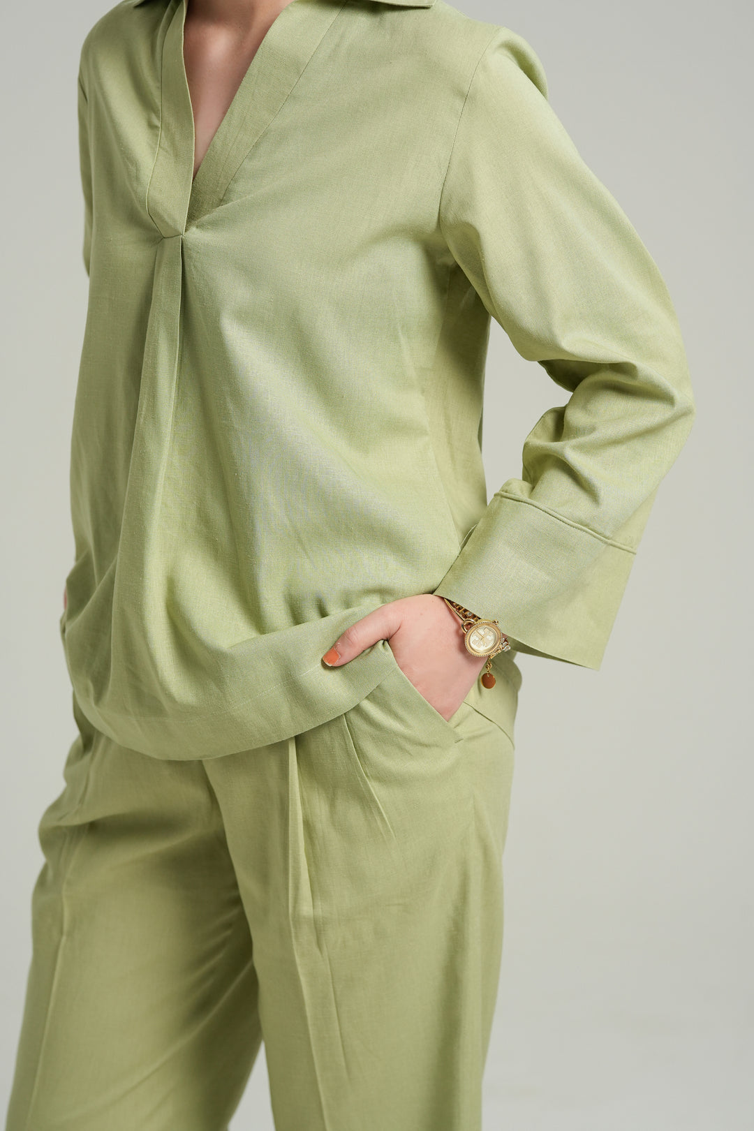 Matcha Linen V-Neck Co-ord set