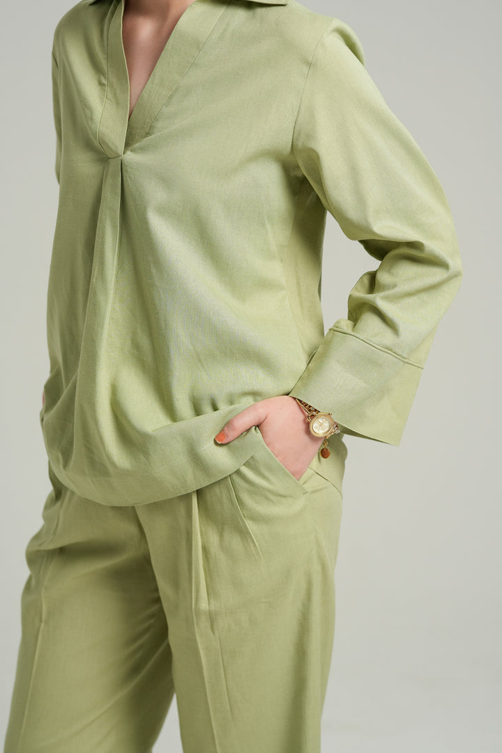 Matcha Linen V-Neck Co-ord set