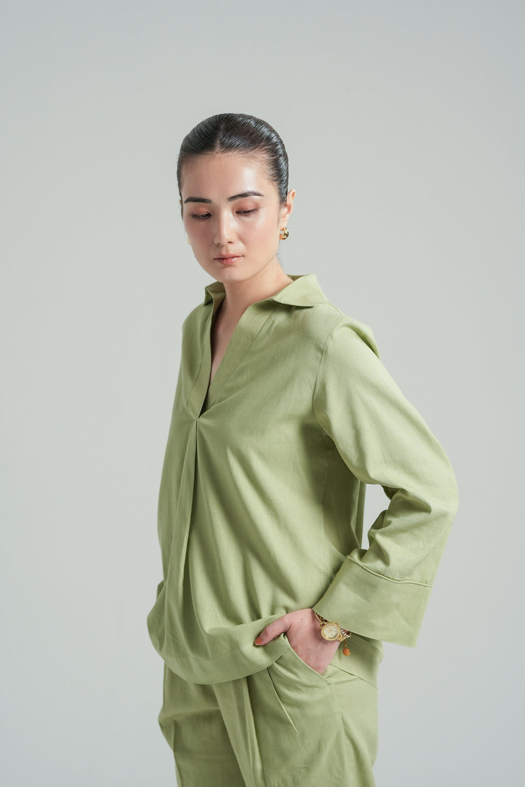 Matcha Linen V-Neck Co-ord set