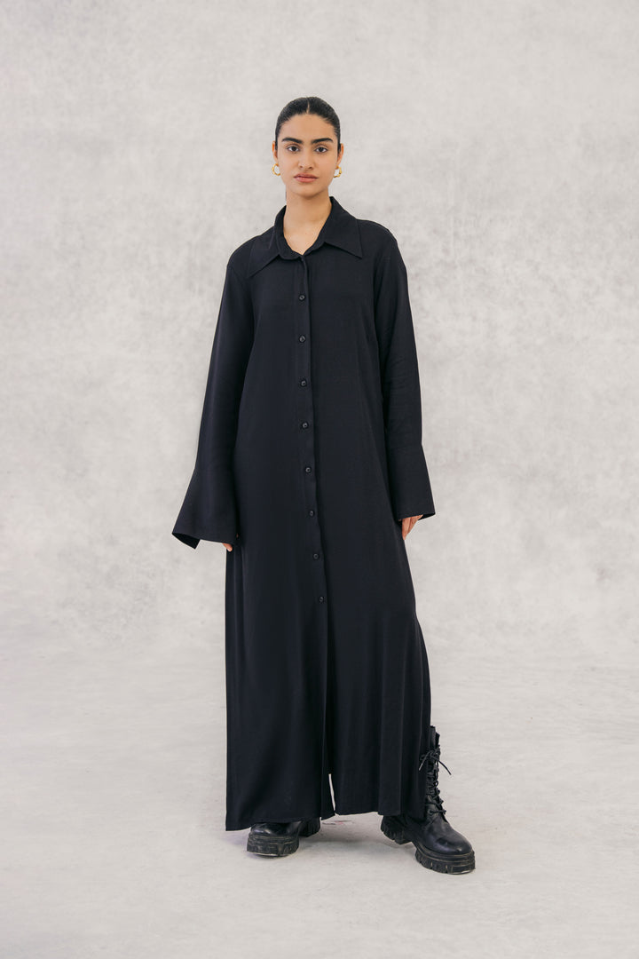 Black Twill Textured Long Shirt Dress