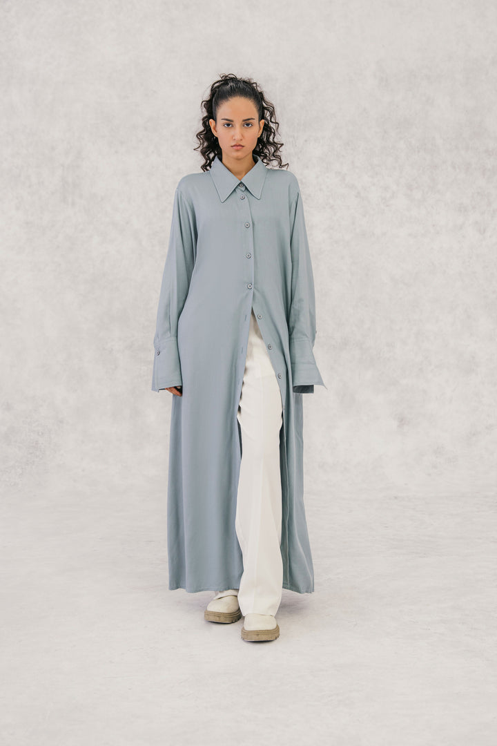 Dusty Blue Twill Textured Long Shirt dress