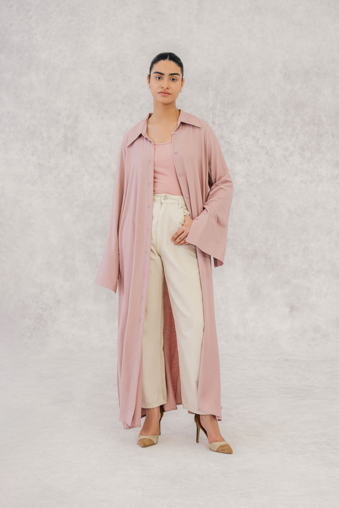 Dusty Pink Twill Textured Long Shirt dress