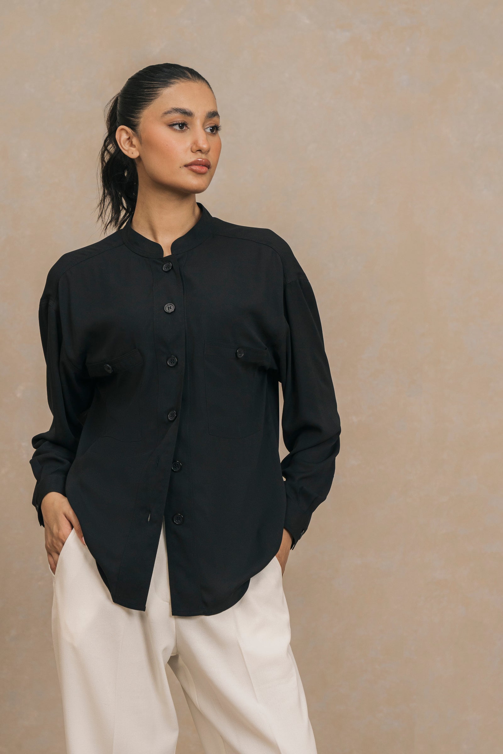 Black Mandarin Collar Shirt