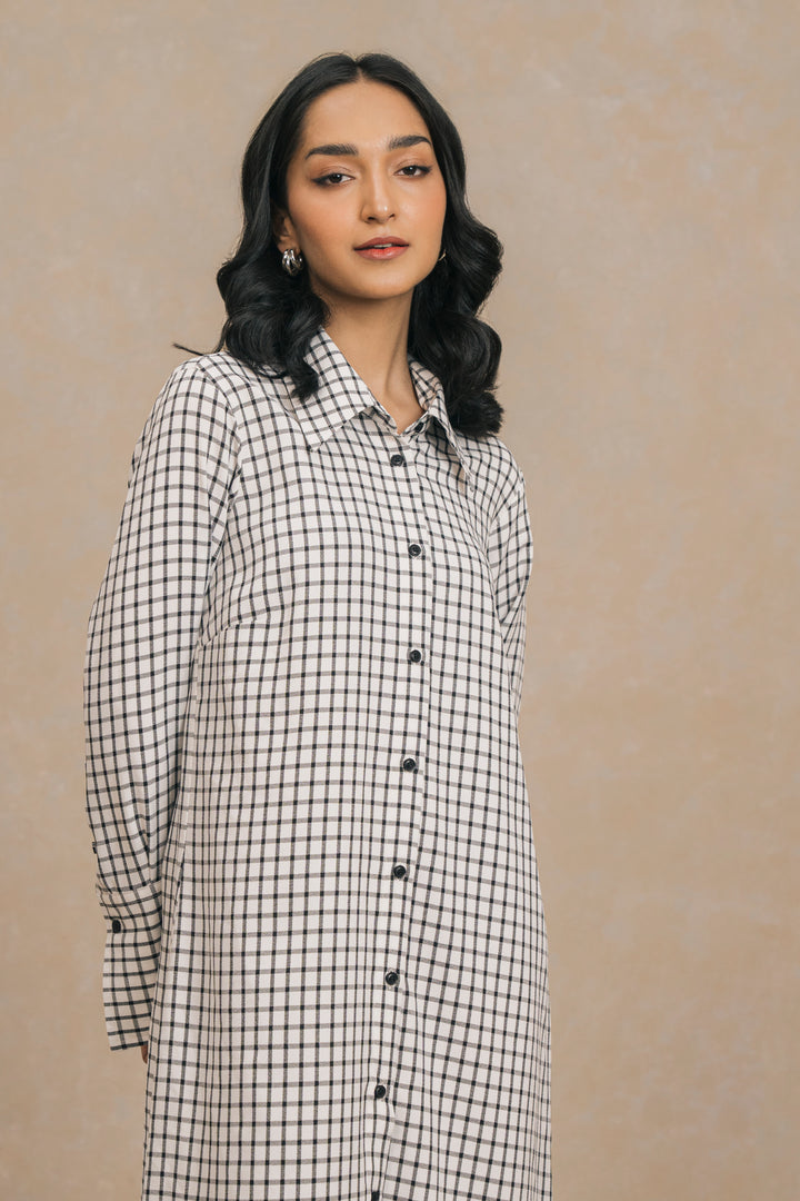 Black & White Long Check Shirt Dress